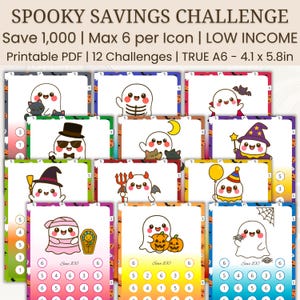 Puede incluir: Un conjunto de 12 hojas de desafío de ahorro en PDF imprimibles tituladas SPOOKY SAVINGS CHALLENGE. Cada hoja presenta un personaje fantasma lindo con temas de Halloween, calabazas, murciélagos e iconos circulares de 10,4 x 14,7cm.