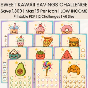 Peut inclure: Un défi d'épargne PDF imprimable avec des illustrations de nourriture kawaii, dont un thé aux perles, un cupcake, une part de pizza et un avocat. Le texte indique "SWEET KAWAII SAVINGS CHALLENGE" et "Save 1,300 | Max 15 Per Icon | LOW INCOME".