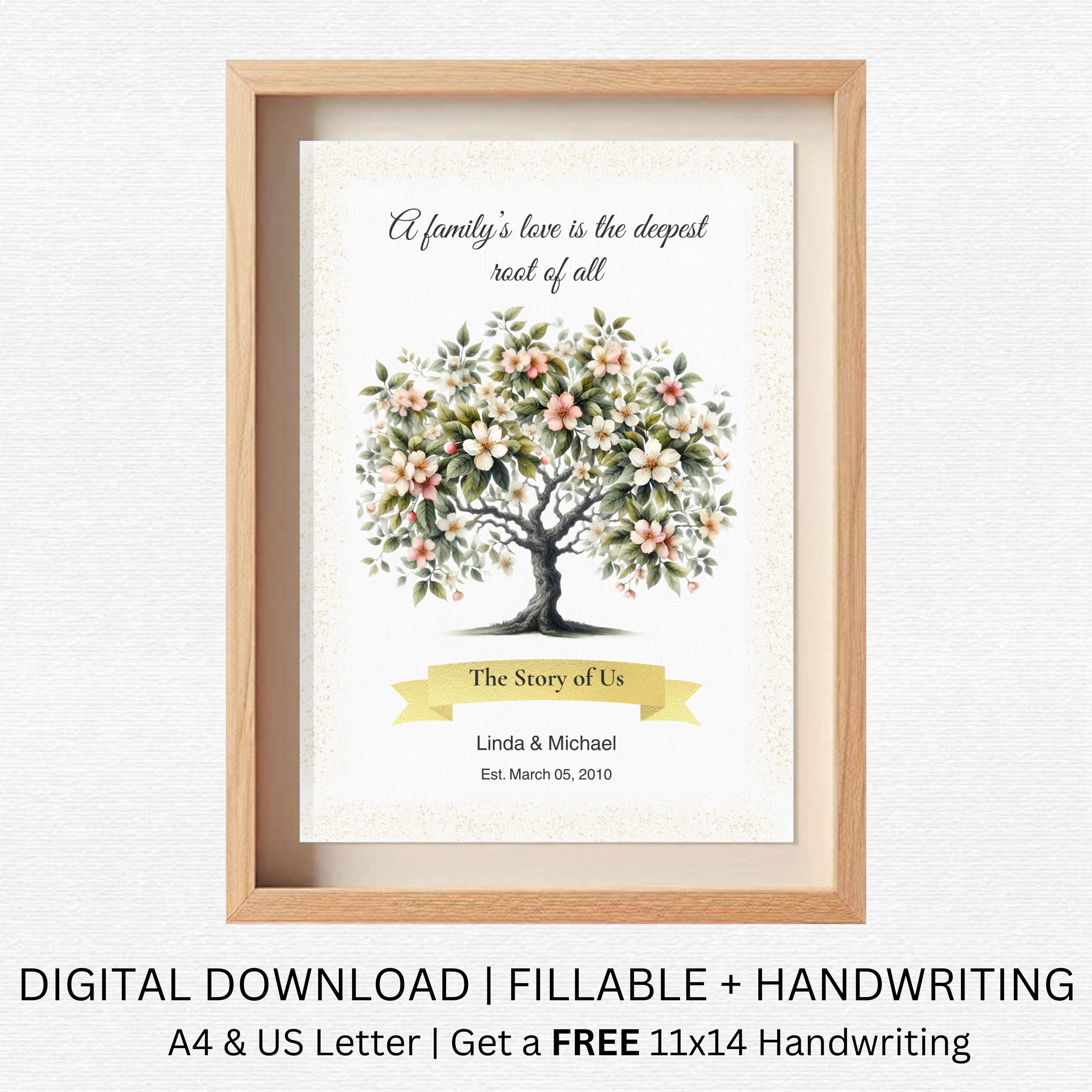 Family Tree Gift Printable | Editable family wall art gift | Mothers Day Gift | Wedding & Anniversary Gift | Fillable and Handwritten PDF