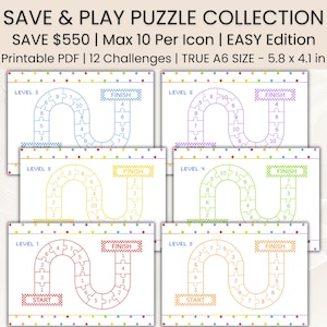 Könnte beinhalten: Eine Sammlung von druckbaren PDF-Puzzles mit einem farbenfrohen Rand. Jedes Puzzle zeigt einen Weg mit nummerierten Teilen von "Start" bis "Finish". Der Text "SAVE & PLAY PUZZLE COLLECTION" steht oben. Die Größe beträgt 14,7 x 10,4 cm.