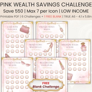 Puede incluir: Un conjunto de seis tarjetas de desafío de ahorro imprimibles en rosa con bordes dorados, que incluyen iconos como un bolso, reloj, tacón, perfume, gafas de sol y pintalabios, con texto que incluye 'PINK WEALTH SAVINGS CHALLENGE' y 'TRUE A6 - 10.5 x 14.7cm'.