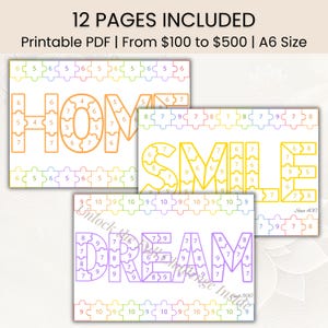 May include: Printable PDF puzzle pages with the words HOME, SMILE, and DREAM in a colorful jigsaw puzzle design. The text "12 PAGES INCLUDED" is at the top. The A6 size puzzles range from $100 to $500.
