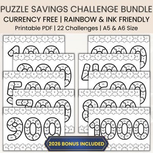 Puzzle Savings Challenge Bundle | 2026 Savings Printable | Rainbow and B&W Tracker | A6 Mini Savings | Low Income | Save 100 to 1000