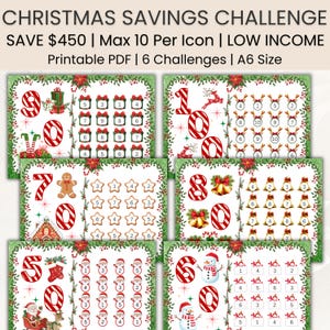 May include: A set of six Christmas-themed savings challenges. Each challenge features festive illustrations like gift boxes, reindeer, bells, and snowmen. The text reads "CHRISTMAS SAVINGS CHALLENGE" and "SAVE $450".