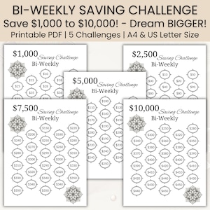 Zweiwöchentliche Spar-Challenge | Druckbare Geld Tracker | Planer | US Letter & A4 | Sparen Sie 1000 bis 10000 | Geringverdienen | PDF-Datei