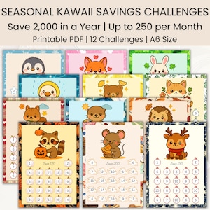 Pode incluir: Desafios de poupança imprimíveis em tamanho A6 com ilustrações de animais kawaii. Cada cartão apresenta um animal diferente, como um pinguim, uma raposa e um veado, com um objetivo de poupança. O texto diz "Save 2,000 in a Year | Up to 250 per Month".