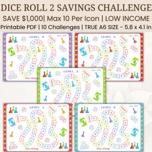 Puede incluir: Un conjunto de cinco hojas de desafío de ahorro imprimibles tituladas DICE ROLL 2 SAVINGS CHALLENGE. Cada hoja presenta un camino de juego con espacios numerados, ilustraciones de dados, fichas, y puntos de inicio y fin. Tamaño 14,7 x 10,4 cm.