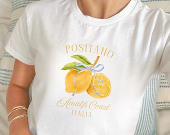 Camiseta de bebé con limón de Positano / Camisa de la Costa Amalfitana de Italia / Top de verano europeo con lazo azul / Camiseta estética del mercado italiano / Camisa moderna de chica costera