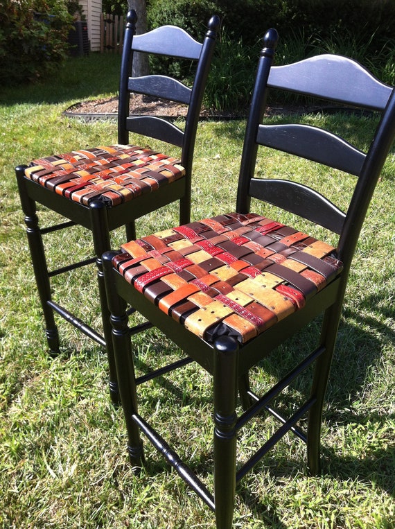 Items similar to BeltArt Black Bar Stool PAIR with Woven Recycled ...