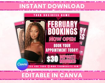 February Booking Flyer, Hair Braids Wig MUA Lashes Nails Digital Canva Template, Valentine's Day Promo, Social Media Sale, Salon Booking