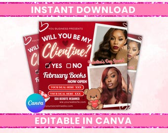 Valentine's Day Booking Flyer, Hair Braids Wig MUA Lashes Nails DIY Canva Template Digital Download February Promo Social Media Sale