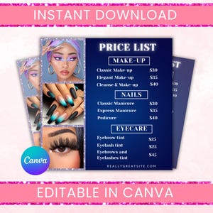 May include: A digital price list template featuring a dark blue background with white text. It includes sections for Make-up, Nails, and Eyecare services, alongside three photographic inserts showing a person, manicured nails, and an eye with lashes.