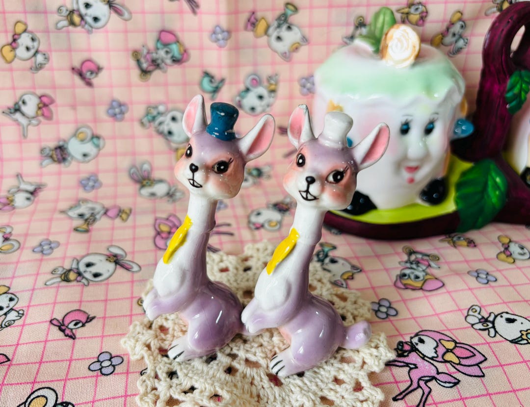 Retro Kitchen Decor Vintage Long Neck Rabbit Bunny Couple Figurine ...