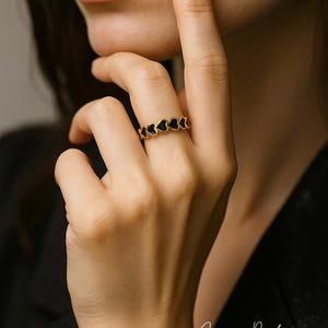 Jose Pilar 24K Gold Heart Ring: Minimalist Black Enamel Stacking Band