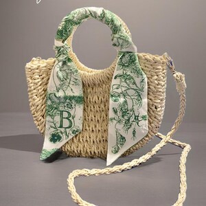 Small Oval Straw Tote Bag Personalized Silk Letter Scarf  A-Z | Stylish Summer Accessory | Everyday or Travel Bag | Beach Bag | Vacation Bag