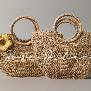 Bolso ovalado de paja / Cierre de cordón de lona / Bolso de diario para mujer / Bolso de vacaciones / Idea de regalo para ella / Mensaje personalizado en el interior