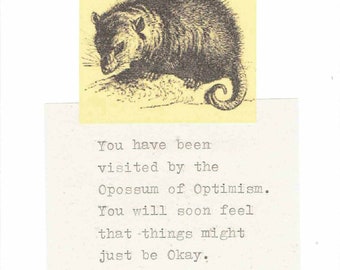 May include: A black and white illustration of an opossum with the text "You have been visited by the Opossum of Optimism. You will soon feel that things might just be Okay."