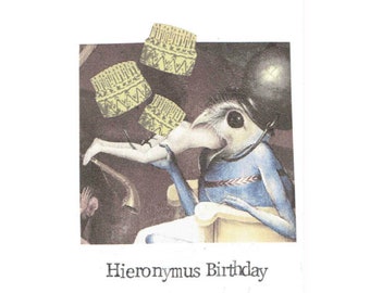 May include: A birthday card featuring a whimsical illustration of a blue creature with a long beak, sitting on a throne with three yellow birthday hats floating above. The text "Hieronymus Birthday" is printed below the image.