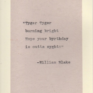 Carte d'anniversaire William Blake Tyger Tyger | Cadeau poésie humour littérature anglaise