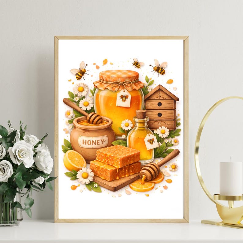 kitchen wall art | bee art print | honey bee decor |... Honey Bee Wall Art Printable | Rustic Kitchen Decor | Cozy Farmhouse ...