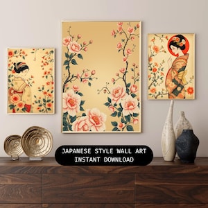 Vintage Japanese Floral & Geisha Wall Art Set – Digital Download | Traditional Asian Kimono Print | Oriental Botanical Wallpaper Decor