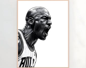 マイケル・ジョーダンの肖像画、白黒NBAアート（デジタルダウンロード）