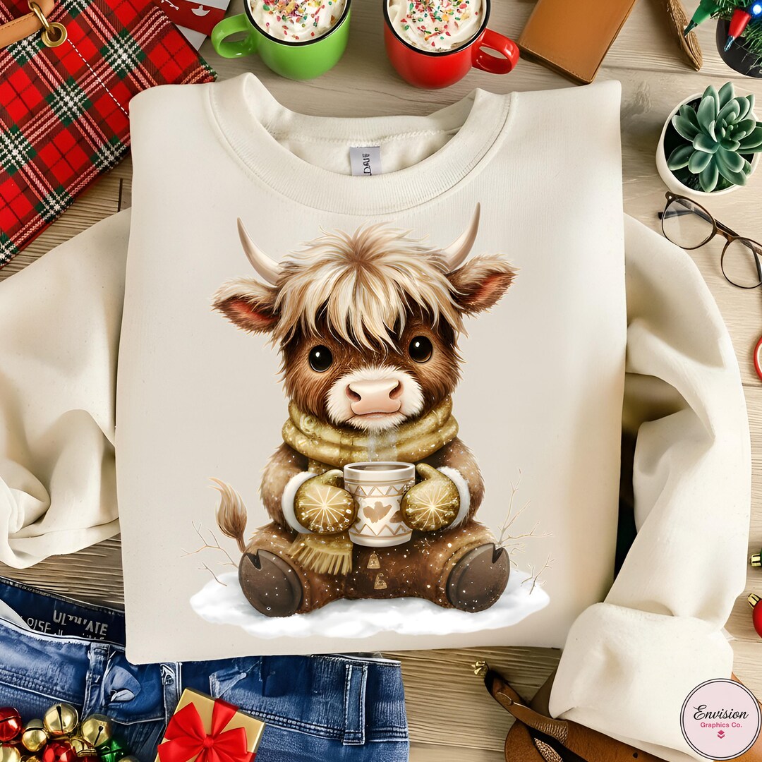 Highland Cow Winter PNG – Cute Cozy Cow With Mug Clipart, Funny Farm ...