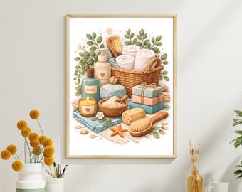 May include: A framed print featuring a spa-themed still life. A wicker basket holds rolled white towels and a wooden brush. Other items include soap, candles, a starfish, and bottles, all arranged on a blue towel, evoking a sense of relaxation and self-care.