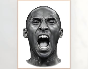 May include: Black and white portrait print of a man with an open mouth, appearing to be shouting or yelling. The image is a close-up of the man's face, with a focus on his facial expression. The print is framed with a light brown border.
