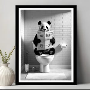 Funny Panda Bathroom Print: Quirky Toilet Newspaper Art (Digital Download)