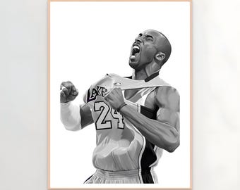 May include: Black and white framed print of a basketball player in a Lakers jersey, number 24, tearing at the jersey. The player is mid-celebration, mouth open, arms raised. The image is a portrait, set against a white background.