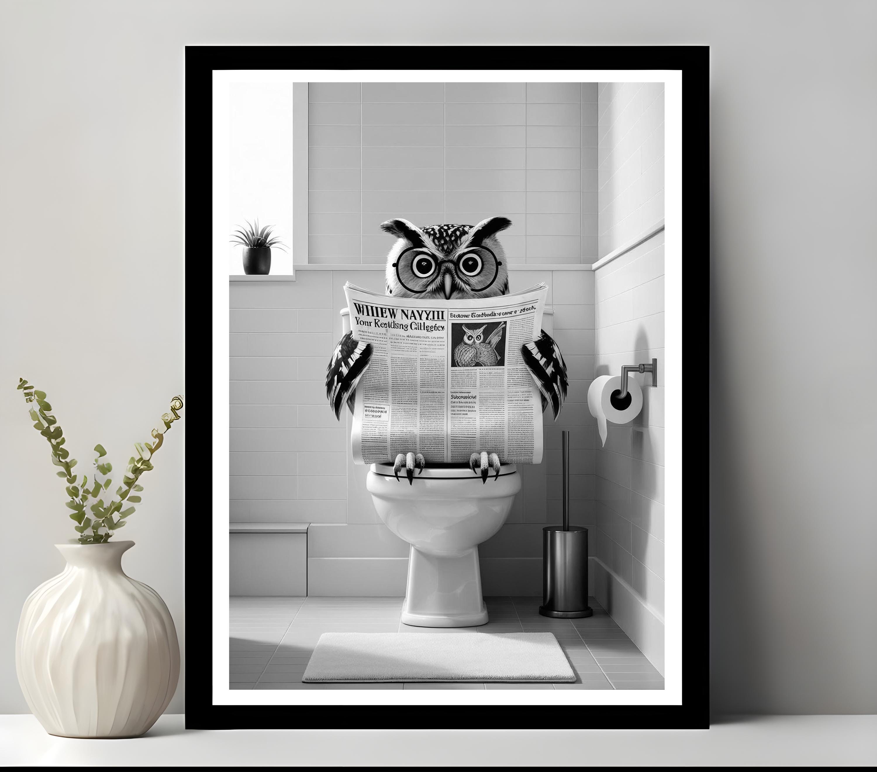 Funny Owl Bathroom Print: Toilet Newspaper Art (Digital Download)