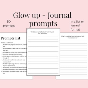 Może przedstawiać: Dziennik z tekstem "Glow up - Journal prompts" i "50 prompts" na różowym tle. Dziennik zawiera listę pytań i strony w linie do pisania. Pytania mają na celu autorefleksję i rozwój osobisty.