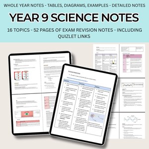 May include: A digital document titled YEAR 9 SCIENCE NOTES featuring 52 pages of exam revision notes across 16 topics. The content includes tables, diagrams, and examples regarding scientific concepts like the particle model, heat, and conduction.