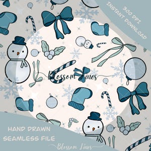 May include: A seamless digital file featuring hand-drawn winter holiday elements. The design includes snowmen, bows, candy canes, snowflakes, and ornaments in shades of blue and white. The text "Blossom Lines" and "Instant Download" are also visible.