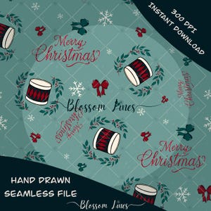 Puede incluir: Archivo digital sin costuras con temática navideña, con fondo turquesa. El diseño presenta tambores rojos y blancos, copos de nieve, lazos y el texto "Merry Christmas" en una fuente de escritura. También está presente el texto "Blossom Lines".