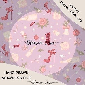 May include: A seamless digital file with a repeating pattern of Christmas-themed illustrations. The design includes high-heeled shoes, gift boxes, champagne bottles, roses, and candy canes in shades of pink and red. The text "Merry Christmas" is also included.