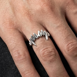 May include: A silver ring with a jagged, fang-like design. The ring is worn on a finger, with the hand resting on a dark surface. The ring's design features multiple pointed projections, creating a unique and edgy aesthetic.