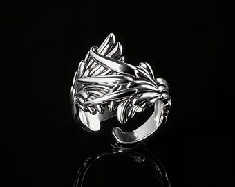 Silver Angel Wing Ring , Handmade  Wing Jewelry, Boho Adjustable Statement Ring for Freedom and Protection,Men Gift Ring,Fits US sizes 8-11