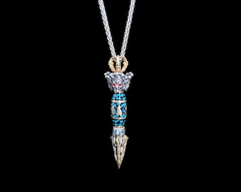 Copper Silver Plated Tibetan Buddhist Dorje Pendant Necklace,Antique Exorcism Tool,Six Syllables Mantra Jewelry