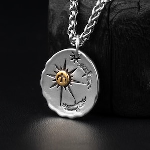 Collar con colgante de pájaro de oro y sol plateado, dije redondo de disco cóncavo, joyería de cobre martillado