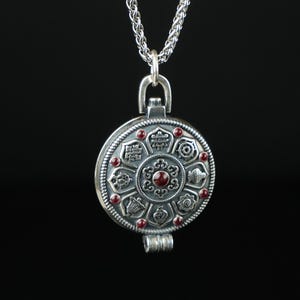 Thai Silver Buddhist Amulet Locket Necklace with Tibetan Gau Prayer Box and Rubies Spiritual