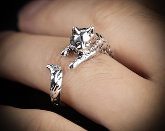 Bague ouverte en argent en forme de chat, symbole de protection et de bien-être, design réglable, taille unique, convient aux États-Unis 8 à 11 États-Unis