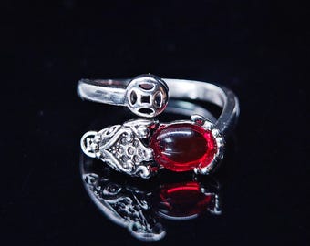 Bague Pi Xiu avec pièce de monnaie et grenat, breloque Richesse réglable, cuivre antique plaqué argent, taille US 6-13