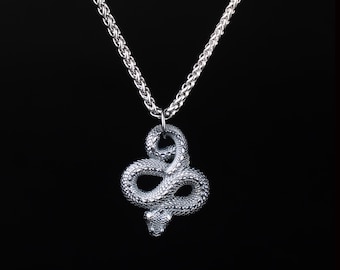 May include: Silver-toned snake pendant necklace. The pendant is a detailed, coiled snake design. The chain is a textured, linked style. The background is solid black, highlighting the jewelry.