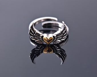 Retro Angel Wings hartvormige Thaise zilveren ring Uniek origineel ontwerp open ring ring Amerikaanse maten 6-11