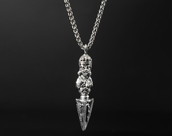 Tibetan Silver Buddhist Triangular Vajra Amulet Pendant with Buddha Facesm,To destroy inner ignorance