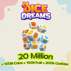 Op de afbeelding: Een verzameling witte dobbelstenen met kleurrijke symbolen zoals harten, spiralen en de tekst JACKPOT, weergegeven onder het Dice Dreams logo. De afbeelding bevat de tekst 20 Million, 100B Coins, 100kTrail en 200k Cookies in groene letters.