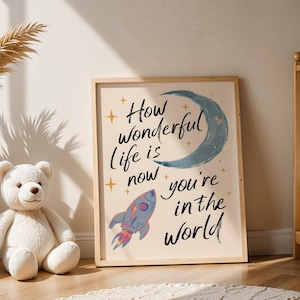 How Wonderful Life Is Nursery Print (Moon & Rocket) | Nursery Wall Art | Nursery Quote | Baby Shower Gift | Nursery Art | Digital Download