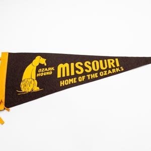 May include: A brown pennant with yellow text and accents. The pennant reads "MISSOURI HOME OF THE OZARKS" with a cartoon dog illustration and the words "OZARK HOUND". The pennant has a yellow border and hanging ribbons.
